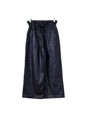 Zara Cropped Faux Leather Pants Women XS Black Wide Leg Paperbag Waist Grunge